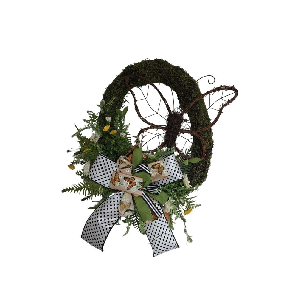 Handmade Butterfly Springtime Moss Daisy Wreath
